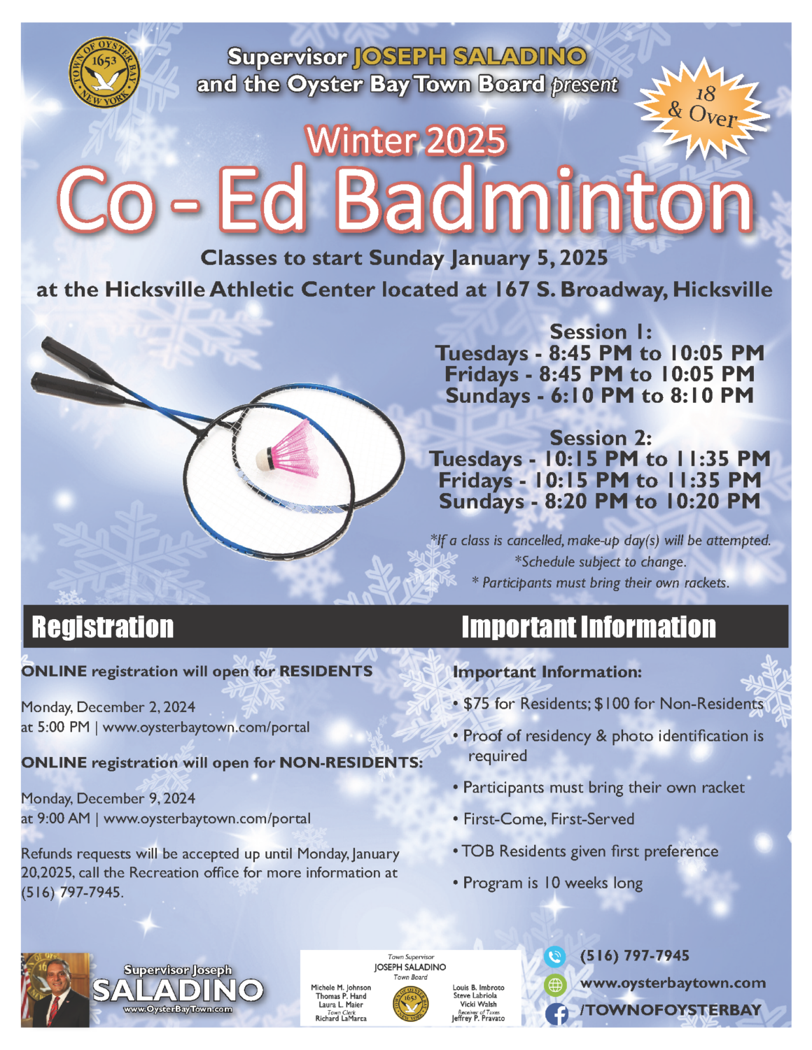 Registration Underway for Town’s Winter Co-Ed Basketball, Volleyball & Badminton Programs