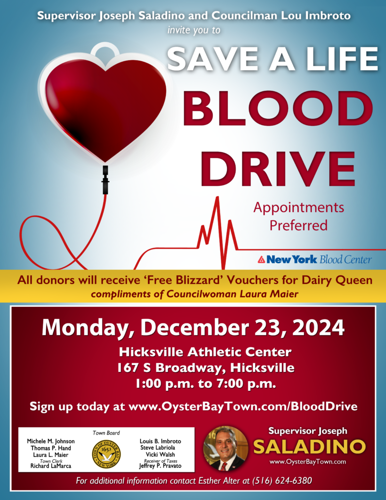 Councilman Imbroto Urges Residents to Give the Gift of Life by Donating Blood on December 23rd