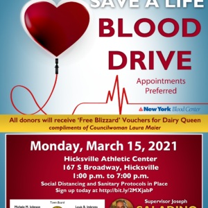 Residents Encouraged to Donate Blood March 15th in Hicksville