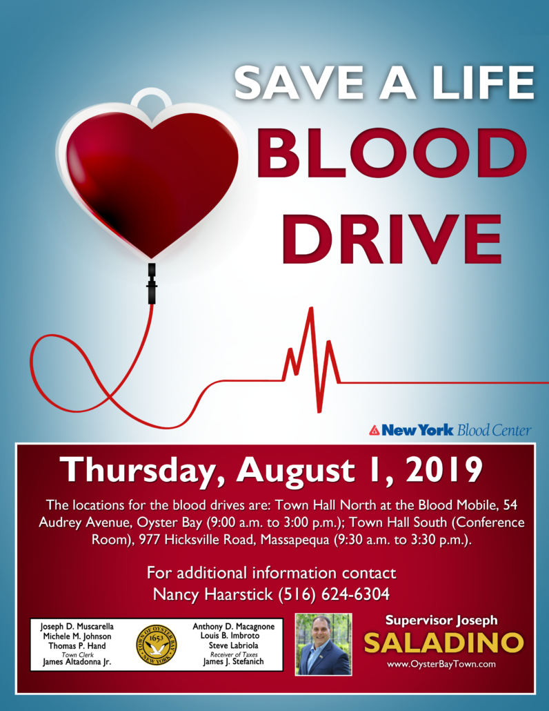 Saladino and Town Board Urge Residents to Help Fulfill Blood Shortage by Donating on August 1st