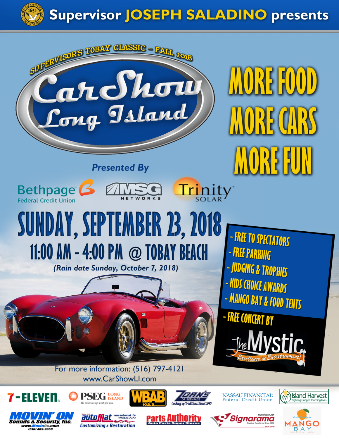 Saladino Announces Car Show Long Island Fall Classic at TOBAY Beach on September 23rd