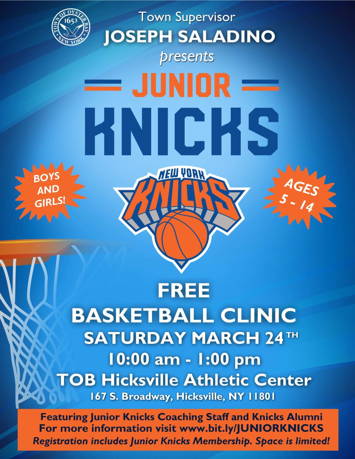 Saladino: Free Junior Knicks Basketball Clinic on Saturday March 24th