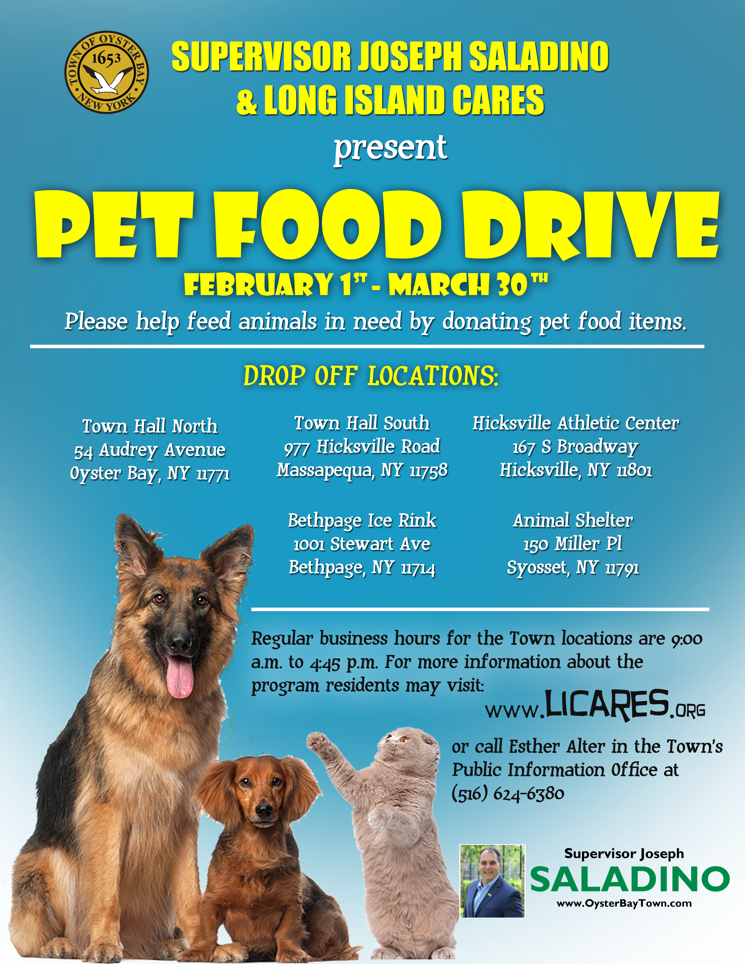 Saladino, Johnson Partner with LI Cares to Host Local Pet Food Drive – Town  of Oyster Bay